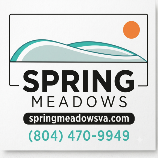 Logo with teal hills, an orange sun, and the text: “SPRING MEADOWS springmeadowsva.com (804) 470-9949”.